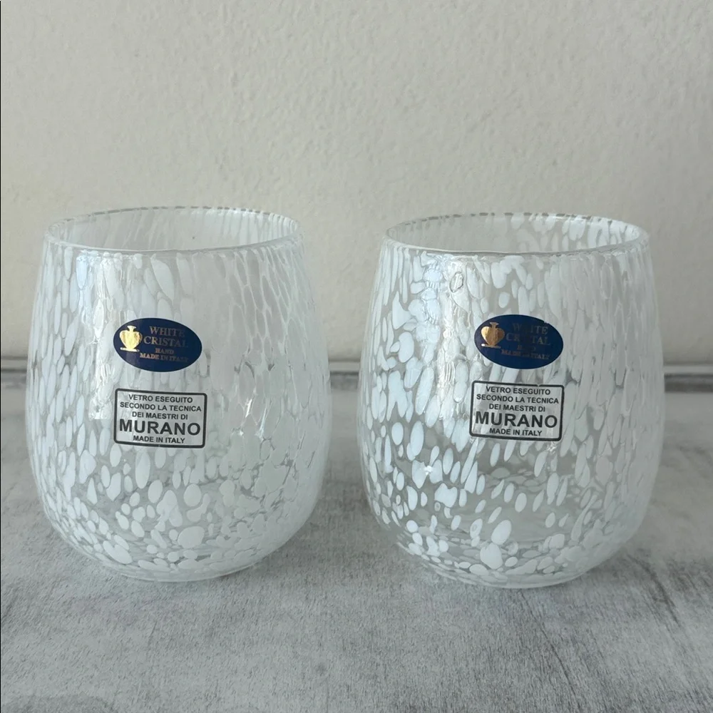 Set of 2 Murano White Crystal Wine Glasses Hand Made Tumblers White Confetti